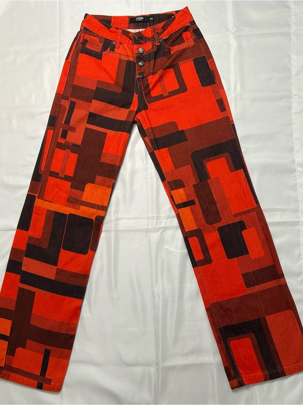 Jaded London Red Abstract Square Print Boyfriend Jeans – Women’s W26